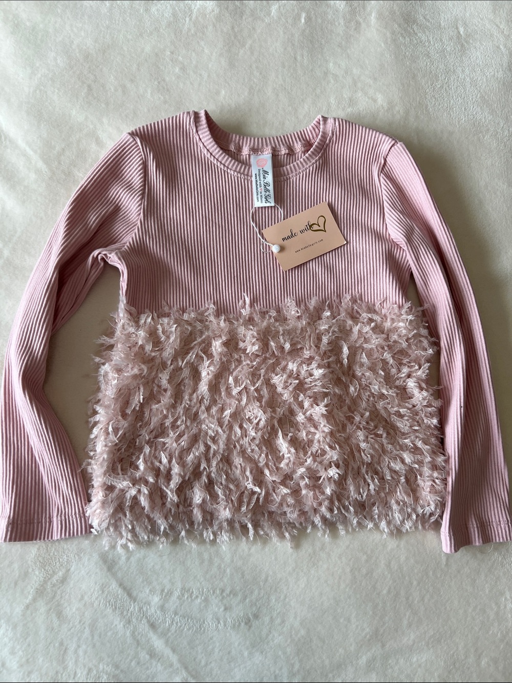 Girls' couture Feather-Trim Ribbed Long-Sleeve Top - Light Pink